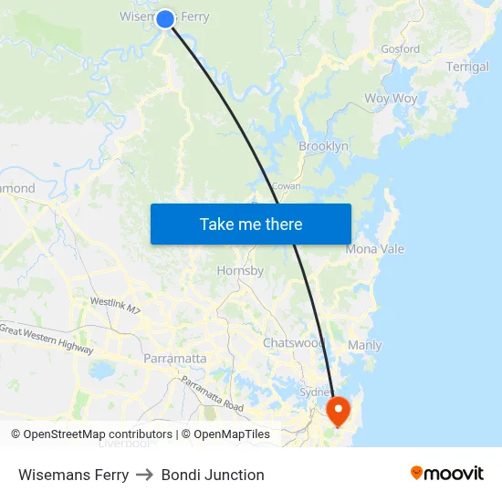 Wisemans Ferry to Bondi Junction map