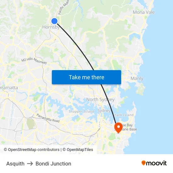 Asquith to Bondi Junction map
