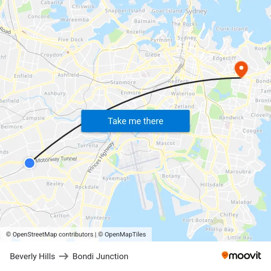 Beverly Hills to Bondi Junction map