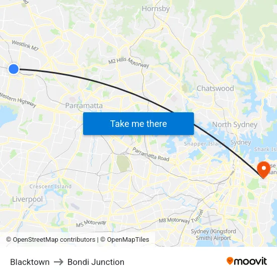 Blacktown to Bondi Junction map