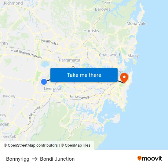 Bonnyrigg to Bondi Junction map