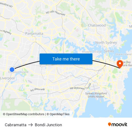 Cabramatta to Bondi Junction map