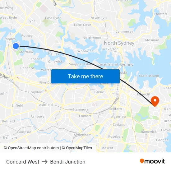 Concord West to Bondi Junction map
