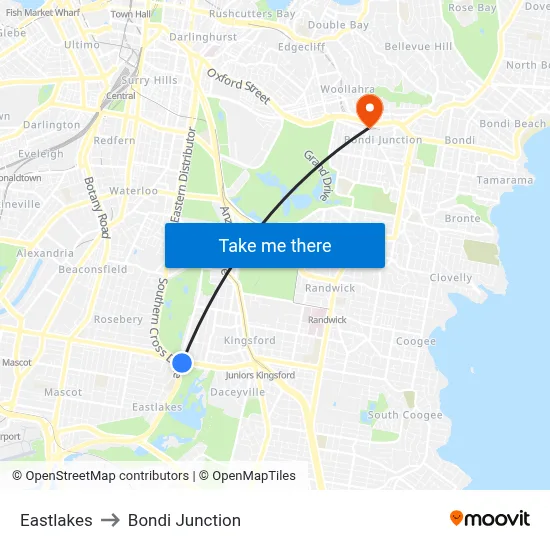 Eastlakes to Bondi Junction map