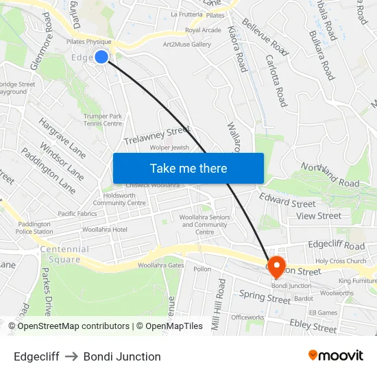 Edgecliff to Bondi Junction map