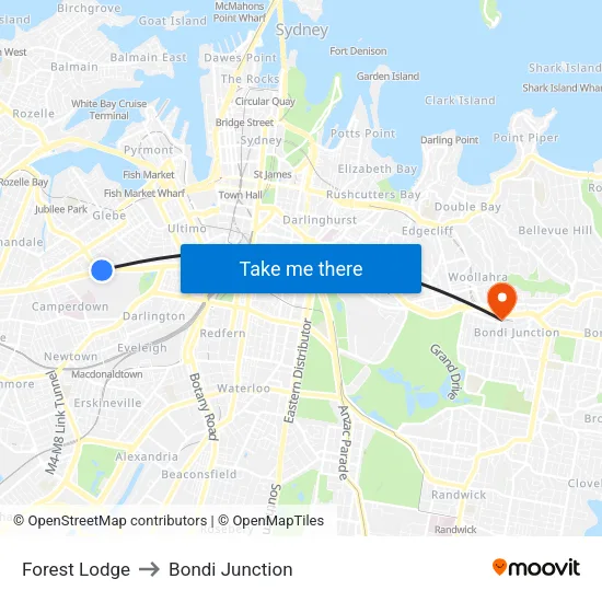 Forest Lodge to Bondi Junction map
