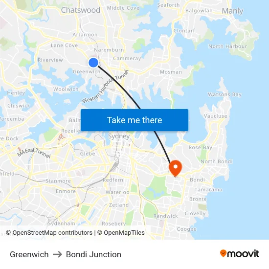 Greenwich to Bondi Junction map