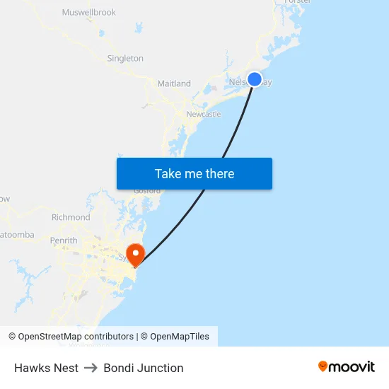 Hawks Nest to Bondi Junction map