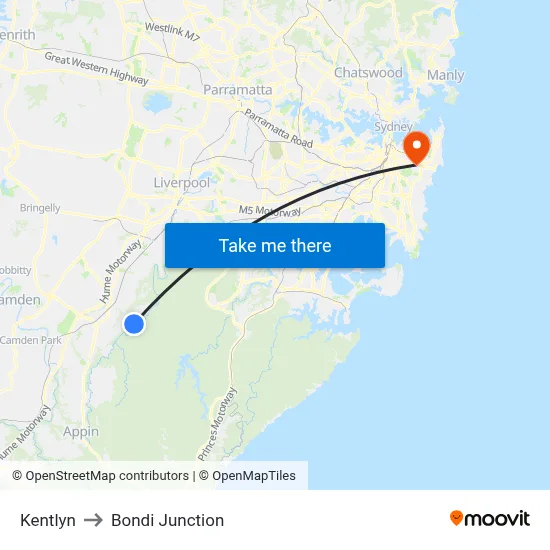 Kentlyn to Bondi Junction map