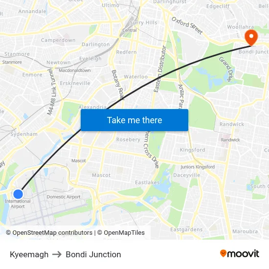 Kyeemagh to Bondi Junction map