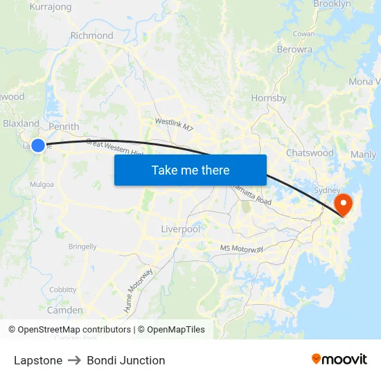 Lapstone to Bondi Junction map