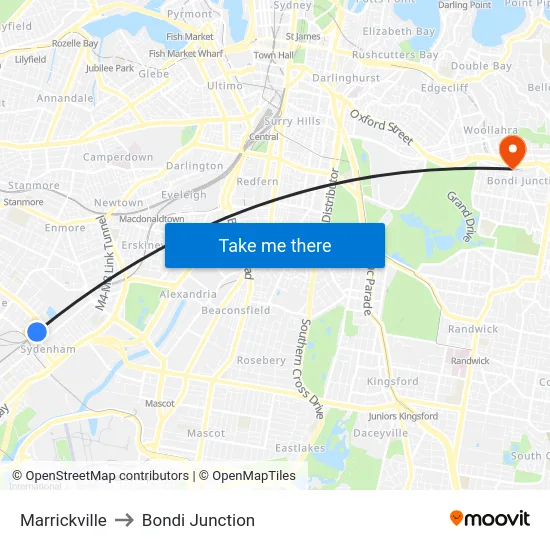 Marrickville to Bondi Junction map