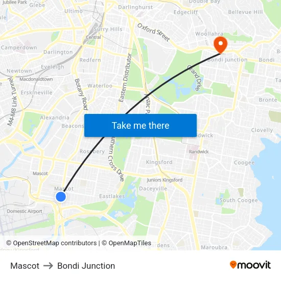 Mascot to Bondi Junction map