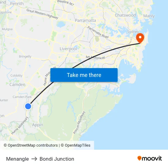 Menangle to Bondi Junction map