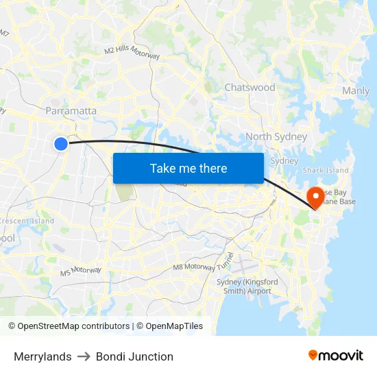 Merrylands to Bondi Junction map