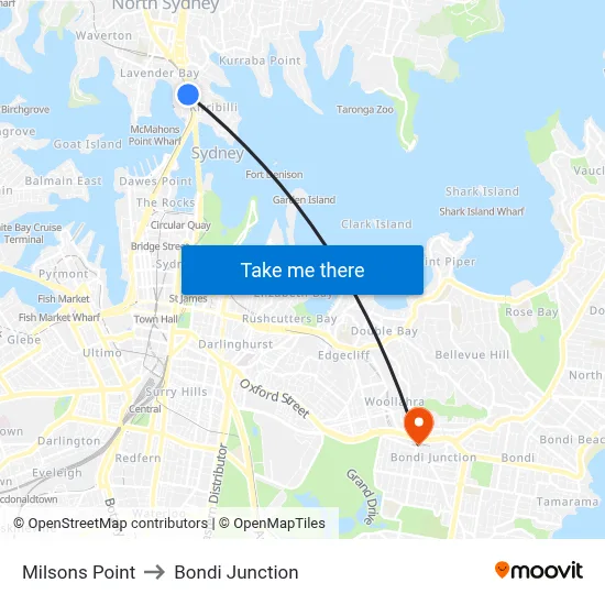Milsons Point to Bondi Junction map