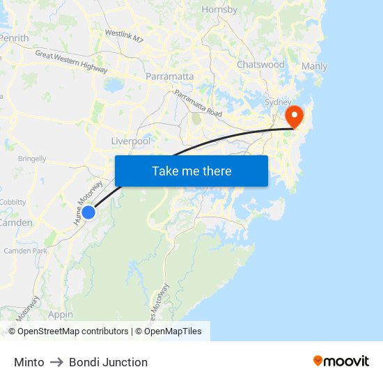 Minto to Bondi Junction map