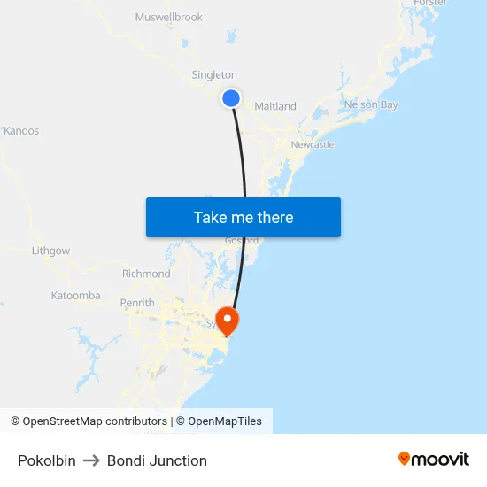 Pokolbin to Bondi Junction map