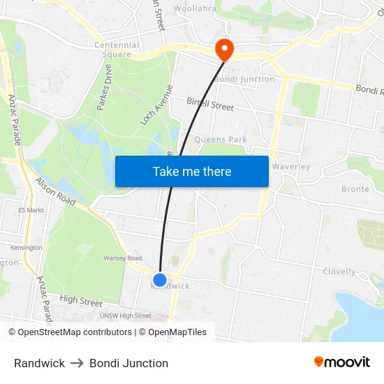 Randwick to Bondi Junction map