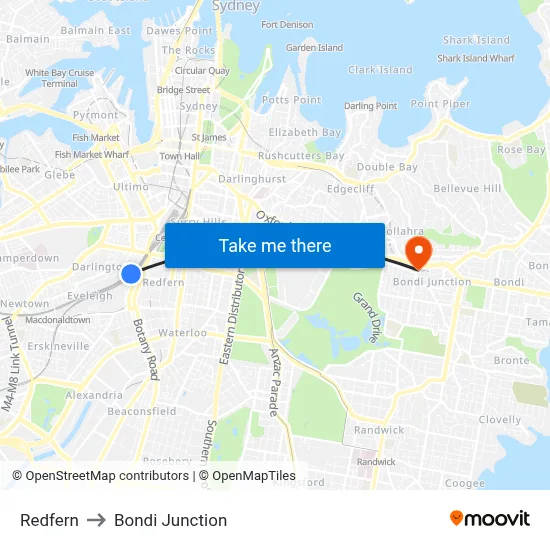Redfern to Bondi Junction map