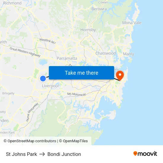 St Johns Park to Bondi Junction map