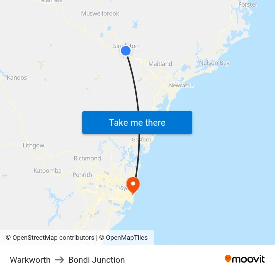 Warkworth to Bondi Junction map