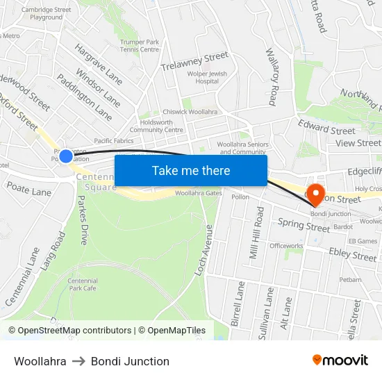 Woollahra to Bondi Junction map