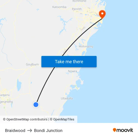 Braidwood to Bondi Junction map