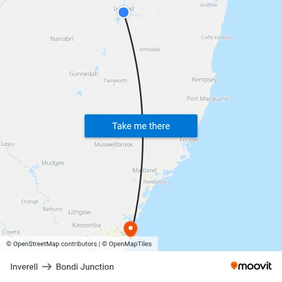 Inverell to Bondi Junction map