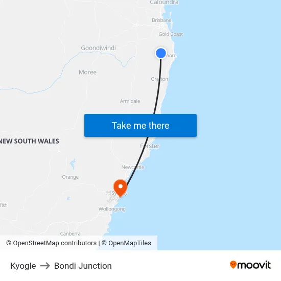 Kyogle to Bondi Junction map