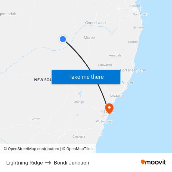 Lightning Ridge to Bondi Junction map