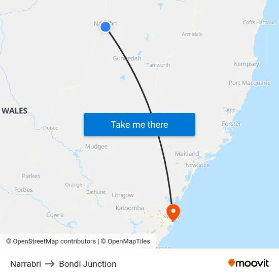 Narrabri to Bondi Junction map