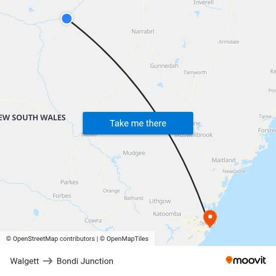 Walgett to Bondi Junction map
