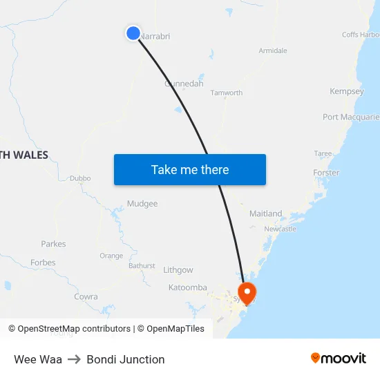 Wee Waa to Bondi Junction map