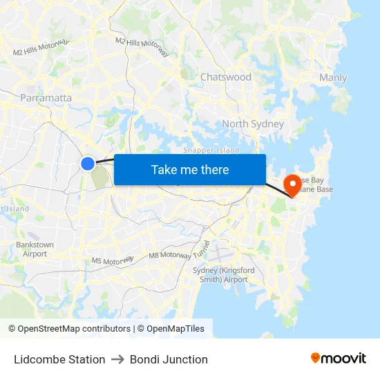 Lidcombe Station to Bondi Junction map