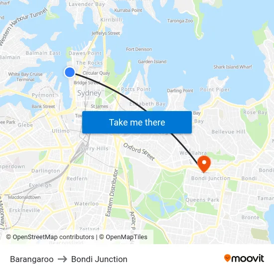 Barangaroo to Bondi Junction map