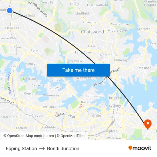 Epping Station to Bondi Junction map