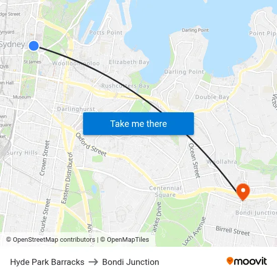 Hyde Park Barracks to Bondi Junction map