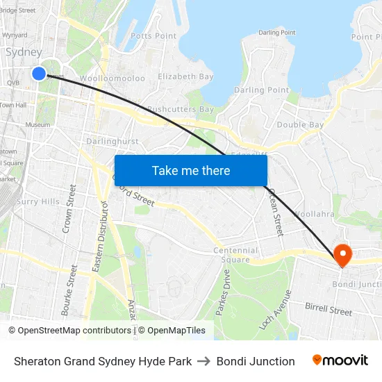Sheraton Grand Sydney Hyde Park to Bondi Junction map