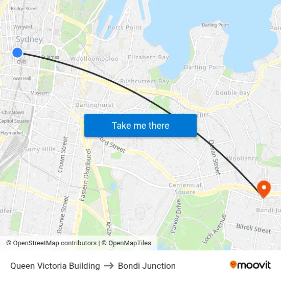 Queen Victoria Building to Bondi Junction map