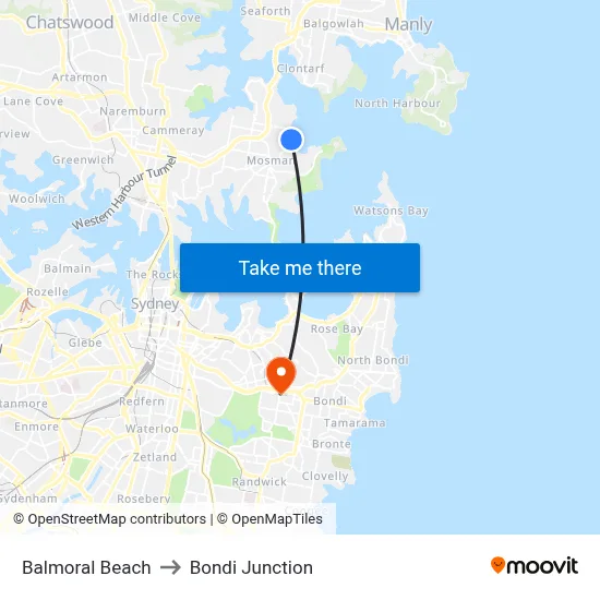Balmoral Beach to Bondi Junction map