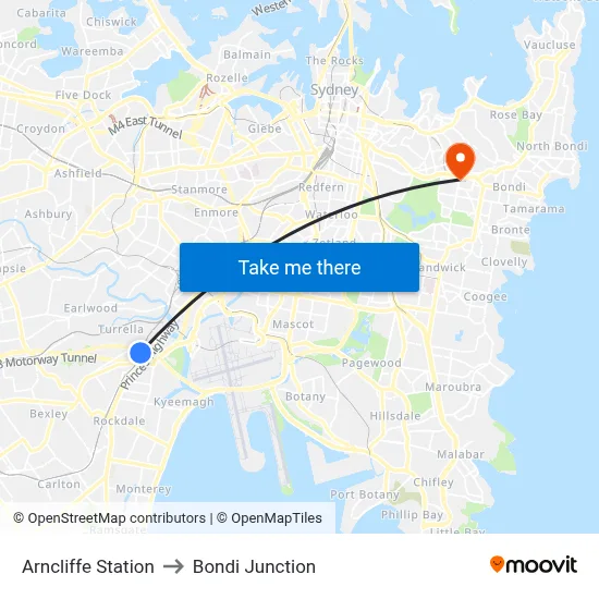 Arncliffe Station to Bondi Junction map