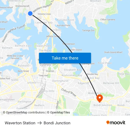 Waverton Station to Bondi Junction map
