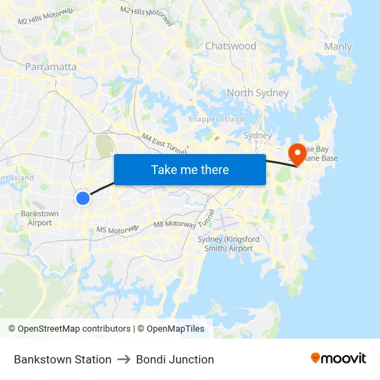 Bankstown Station to Bondi Junction map