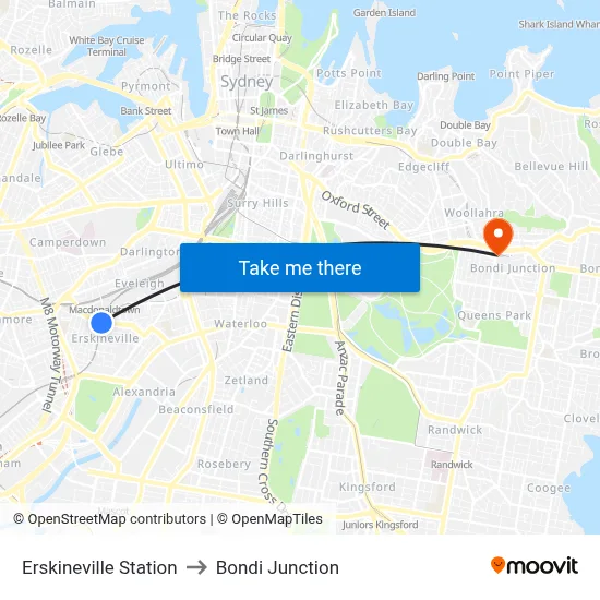 Erskineville Station to Bondi Junction map