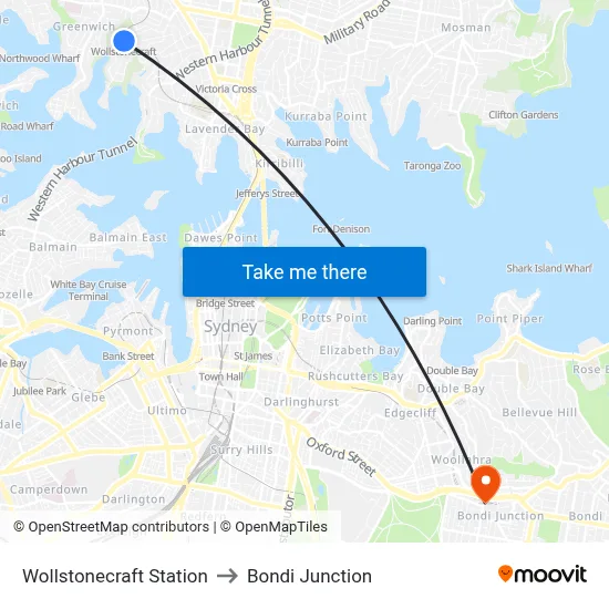 Wollstonecraft Station to Bondi Junction map
