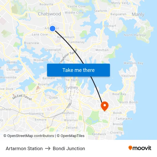Artarmon Station to Bondi Junction map