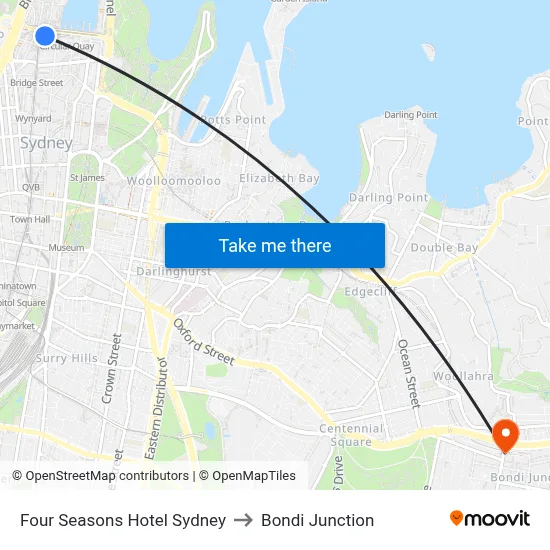 Four Seasons Hotel Sydney to Bondi Junction map