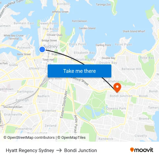 Hyatt Regency Sydney to Bondi Junction map