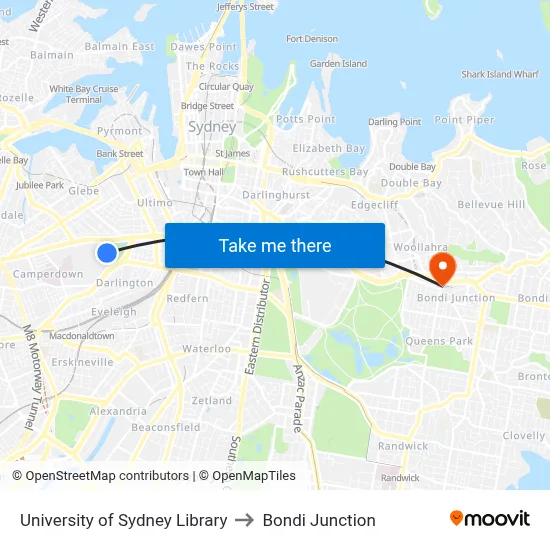 University of Sydney Library to Bondi Junction map